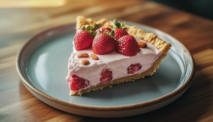 Wall Mural - Strawberry cream pie sweet cream fruity pastry snack food for teatime on plate