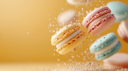 Diverse colorful macarons, with shades of yellow, pink, and blue, appear suspended in air against a yellow backdrop, showcasing the playful and delightful nature of these treats.