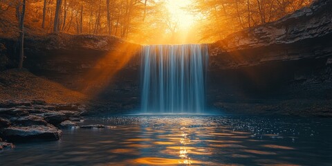 Sticker - Sunbeams Illuminating a Waterfall in an Autumnal Forest