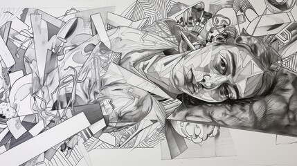 Aufkleber - A detailed geometric and abstract drawing of a woman reclining amidst a complex array of shapes and patterns. The intricate line work and shading create a sense of depth and texture, merging realism