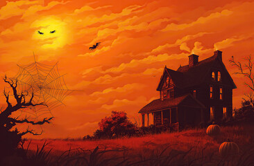 Wall Mural - Haunted House Silhouette with Bats for Halloween