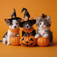 Wall Mural - Cute cats and dogs in Halloween costume. Orange background.