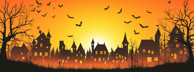 Wall Mural - Haunted House Silhouette with Bats for Halloween