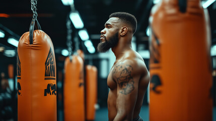 Canvas Print - A muscular man with a beard and tattoos is standing next to punching bags in a gym, looking focused and determined, with a well-lit fitness environment in the background.