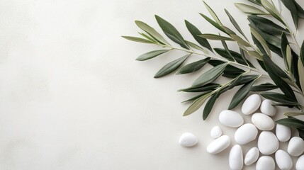 Wall Mural - White Stones and Olive Branch on a White Textured Background