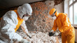 © altitudevisual - Two workers in protective suits and masks handling debris indoors, likely during a hazardous material cleanup or asbestos removal in a damaged building.