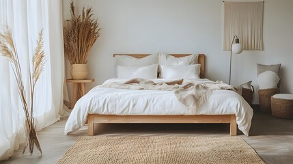 Poster - Minimalist wooden bed frame with neutral soft bedding creating a calm and peaceful atmosphere in a simple clean bedroom interior design  The room features a harmonious