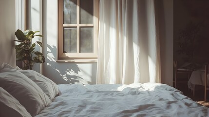 Poster - Minimalist and Serene Bedroom With Large Window Light Grey Walls and Neatly Made White Duvet Bed   Cozy and Tranquil Domestic Interior Design