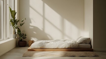 Poster - Peaceful and Tranquil Minimalist Bedroom Interior with Neutral Color Palette Low Bed and Cozy Rug Decor for Relaxing Modern Home Design
