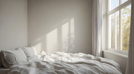 Poster - Peaceful and Calming Minimalist Bedroom with Large Window Light Grey Walls and Neatly Made White Bedding