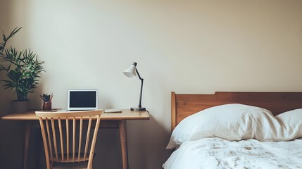 Poster - Peaceful Minimalist Bedroom Design with a Compact Workspace Area Beside the Bed for Focused Living and Productivity