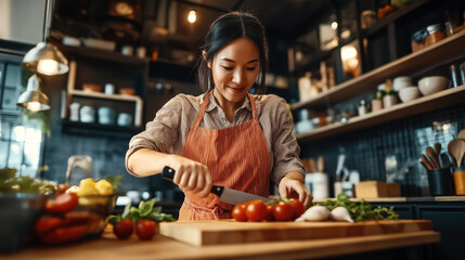 Sticker - Asian woman slicing tomatoes on a cutting board in a modern kitchen. She is wearing an apron and surrounded by various fresh ingredients and kitchen utensils.