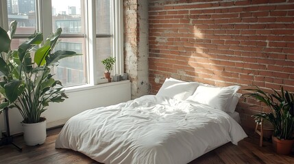 Poster - Peaceful and Inviting Minimalist Bedroom with Brick Accent Wall White Linens and a Small Potted Plant Creating a Calming and Serene Atmosphere