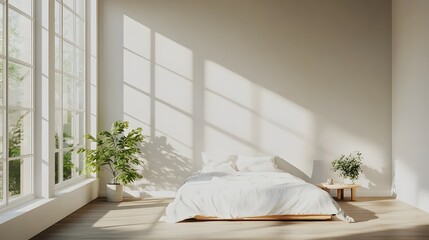 Poster - Peaceful and Calming Minimalist Bedroom Design with Large Window Allowing Natural Sunlight to Fill the Serene and Airy Space