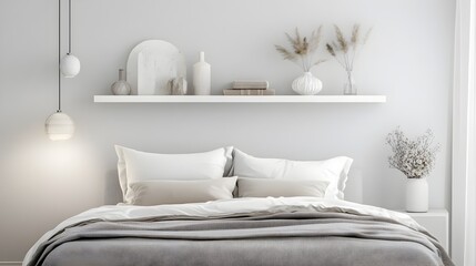 Poster - Serene and Minimalist Bedroom Interior with Wall Mounted Shelf Displaying Carefully Curated Decorative Accents for a Peaceful and Harmonious Living Space