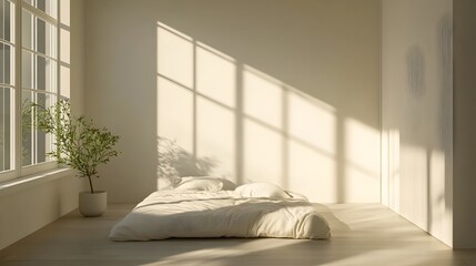 Poster - A tranquil and serene minimalist bedroom design with a large window allowing natural light to flood the space creating a calm and inviting atmosphere