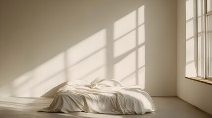 Poster - Minimalist Bedroom Interior with Soothing Bare Surroundings Highlighting the Beauty of Simplicity and Tranquil Atmosphere