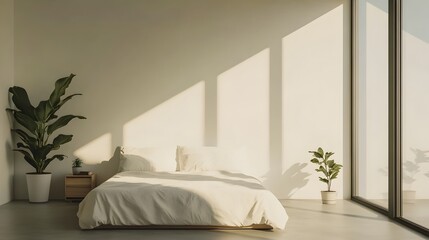 Poster - Tranquil and Bright Minimalist Bedroom Retreat with Floor to Ceiling Window Crisp White Linens and a Soothing Indoor Plant for a Calming Zen Inspired Atmosphere