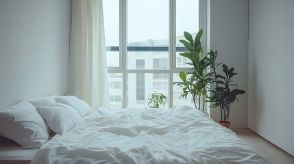 Poster - Minimalist and Serene Bedroom with Floor to Ceiling Window Crisp White Bedding and a Small Potted Plant Offering a Calming and Inviting Living Space