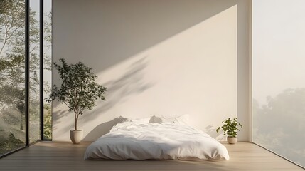 Poster - Serene and Minimalist Bedroom Featuring a Floor to Ceiling Window Crisp White Bedding and a Small Potted Indoor Plant for a Calming and Peaceful Home Ambiance