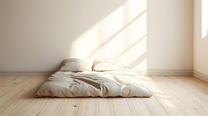 Poster - A tranquil and sophisticated minimalist bedroom setting featuring a bed placed on a light colored wooden floor showcasing clean and simple bedding that creates a calming and relaxing atmosphere