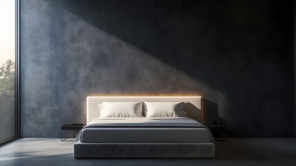 Poster - A serene and tranquil minimalist bedroom featuring a simple bed against a dark accent wall highlighted by a warm and cozy reading light