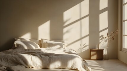 Poster - A peaceful and serene minimalist bedroom with a bed dressed in soft light colored linens and a single bedside table creating a calming and harmonious ambiance for restful slumber