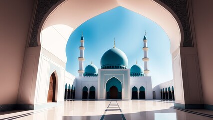 A view of a mosque through an arched doorway, with a blue dome and minarets under a bright blue sky.