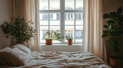 Poster - Cozy and Serene Minimalist Bedroom Design with Centered Bed Under Large Window Light Curtains and Small Potted Plant