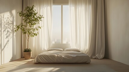 Poster - Minimalist and Peaceful Bedroom Interior Design with Centered Bed Under Large Window Billowing Light Curtains and Small Potted Plant Accent