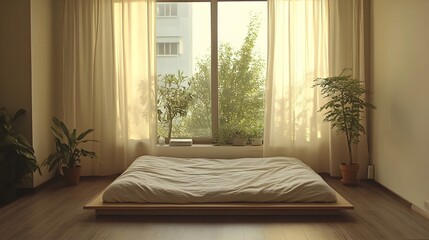 Poster - A peaceful and serene minimalist bedroom design featuring a large window with light curtains a small potted plant and a clean uncluttered layout