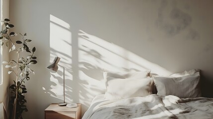 Poster - Minimalist Bedroom With Bed Bedside Table and Modern Lamp in Clean Serene Interior Design for Relaxation and Personal Retreat