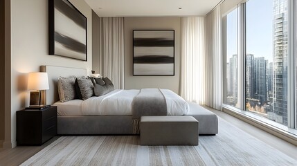 Poster - Spacious and serene modern bedroom design featuring floor to ceiling windows a king sized bed and a neutral color palette creating a calming and sophisticated ambiance