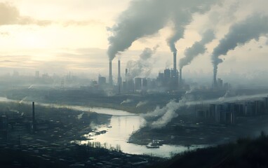 Industrial cityscape with factories emitting smoke into the atmosphere, highlighting pollution and environmental impact.