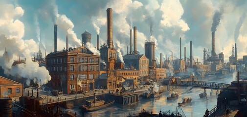 Industrial cityscape with old factories and smokestacks, representing the industrial revolution era and bustling economic activity.