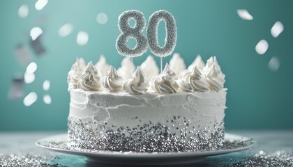 Wall Mural - Elegant 80th Birthday Cake with Glittery Topper on Festive Background