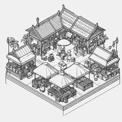 line art isometric illustration of traditional market