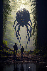 Fototapete - Two people stand in a forest clearing, facing a giant, spider-like alien creature with glowing eyes.