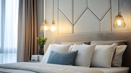 Poster - serene and sophisticated modern bedroom with neutral bedding geometric headboard and stylish pendant