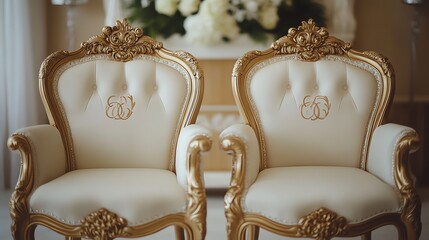 two ornate gold and white chairs with embroidered initials