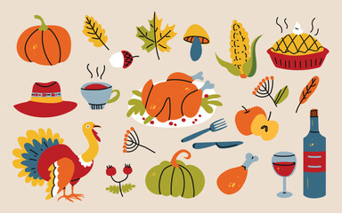 Thanksgiving holiday cute elements set. Vector set of autumn elements with roast turkey, cartoon pumpkin food, corn, wine, hat, pie. Happy  Harvest festival. Autumn greeting card design.