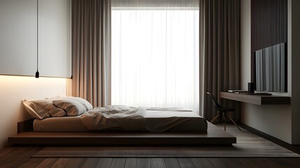 Poster - A modern and minimalist bedroom with a sleek low profile bed a minimalist desk and floor to ceiling curtains creating a clean comfortable and serene living space