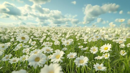 Expansive view of a field covered with blooming white flowers in spring, highlighting the vibrant petals and lush greenery in realistic detail