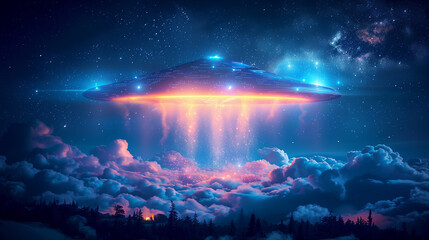 Fototapete - An alien UFO spaceship hovering over the wilderness at night.