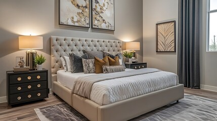 Poster - Serene and Stylish Modern Bedroom with Sleek Furnishings and Decor   A calming and inviting space with a minimalist contemporary design featuring a cozy bed elegant nightstands and thoughtful accents
