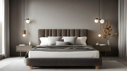 Poster - A serene and sophisticated modern bedroom featuring a sleek upholstered bed contemporary lighting and a calming color scheme that creates a peaceful and inviting atmosphere for relaxation and rest