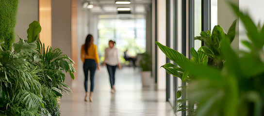 Poster - Modern Office Interior Design with Green Plants and Blurred People Walking in Corridor