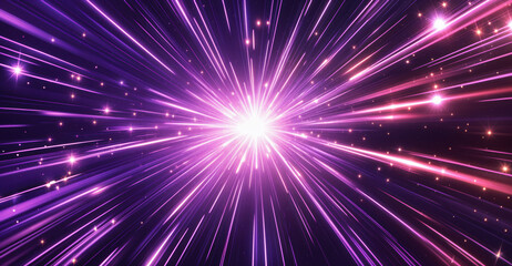 Aufkleber - Burst of purple and pink light rays with sparkling stars on black background. Futuristic abstract motion design. High quality photo