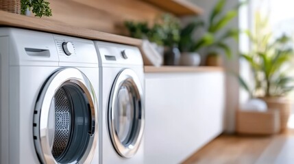 This image features a stylish and modern laundry room equipped with two front-loading washing machines, wooden shelves, plants, and plenty of natural light.