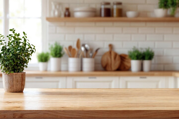 Leinwandbilder - Wooden countertop with potted plant in modern kitchen interior with white brick backsplash. Kitchen decor and design concept. High quality photo